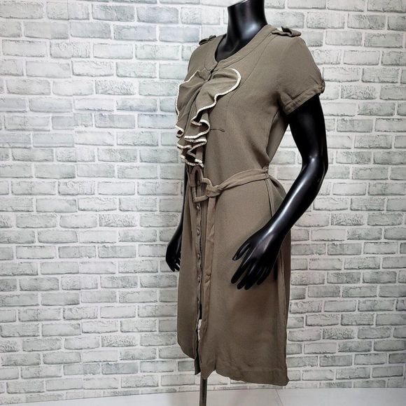 Viktor & Rolf by H&M Womens 10 Taupe Silk Ruffle‎ Button Front Heart Belt Dress - Picture 5 of 11